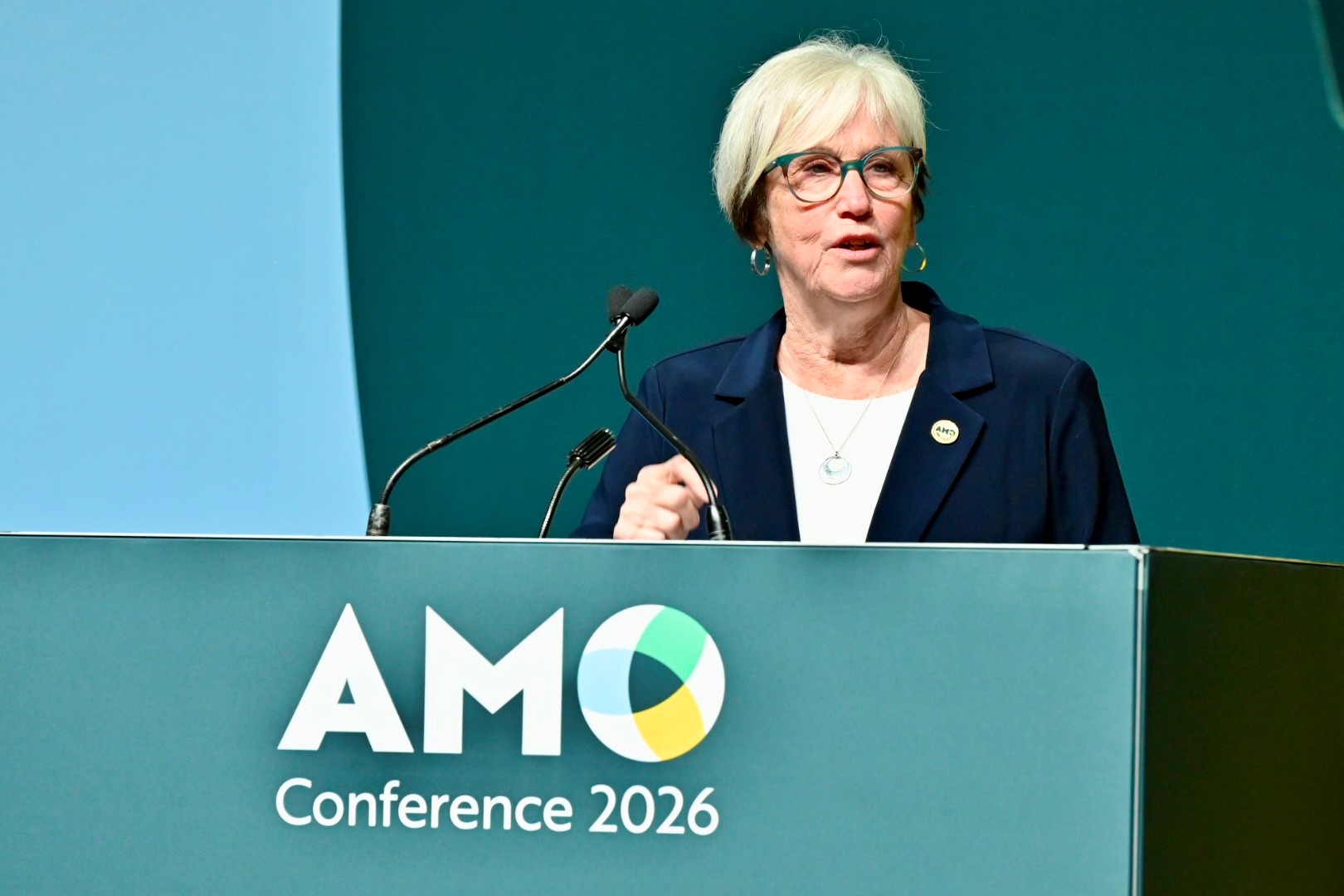 Outgoing AMO President Robin Jones speaks at the AMO conference