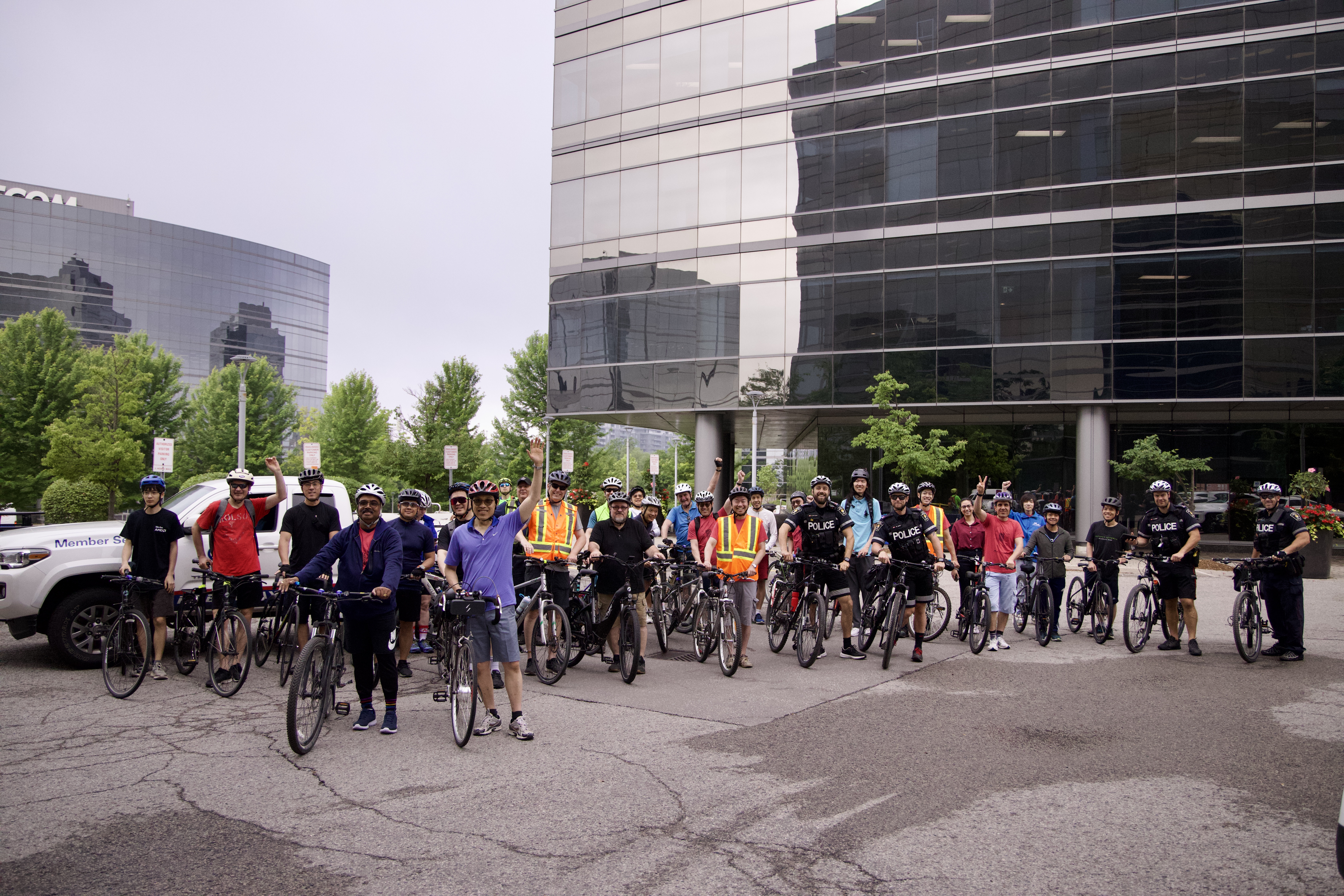 A large group of people on bikes