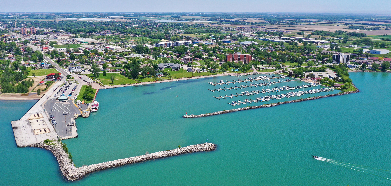 An aerial view of Leamington from over lake erie
