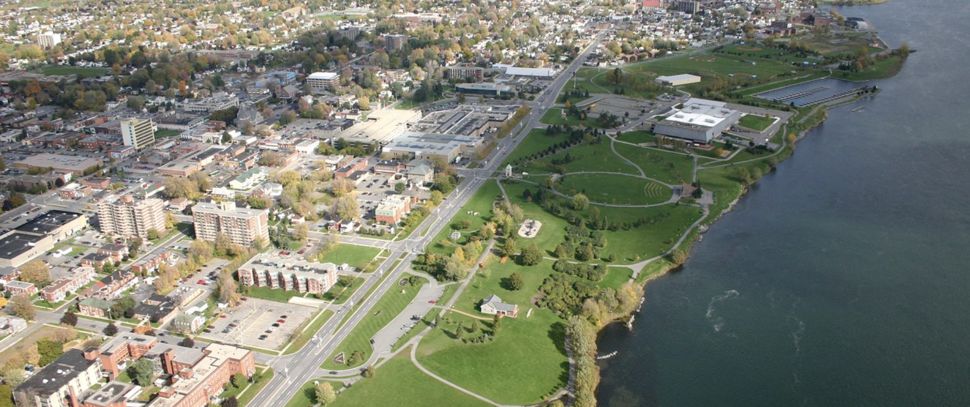 An aerial view of Cornwall's waterfront.