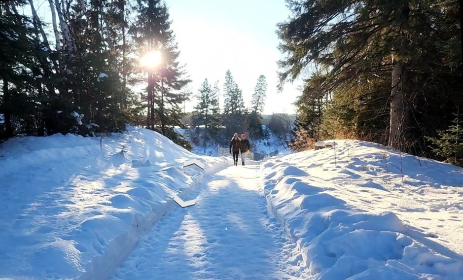 A snowy path through trees with people walking