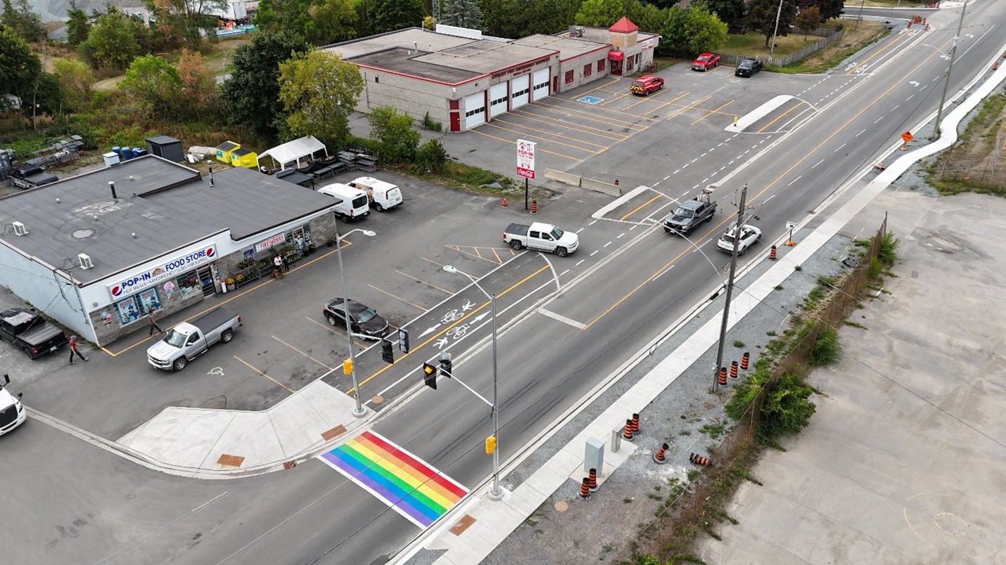 Aerial view of rainbow crosswalk