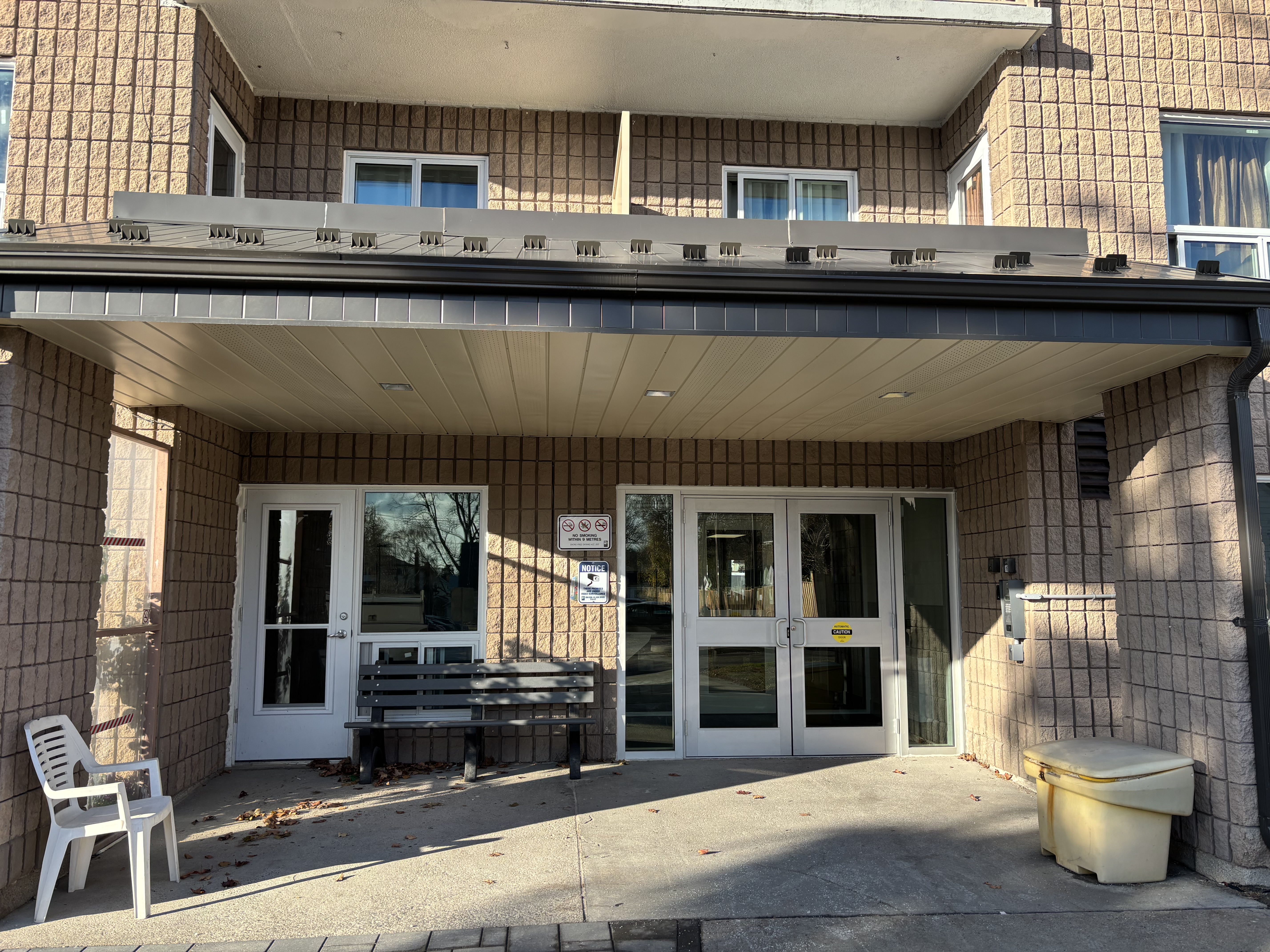 The front door of an apartment building