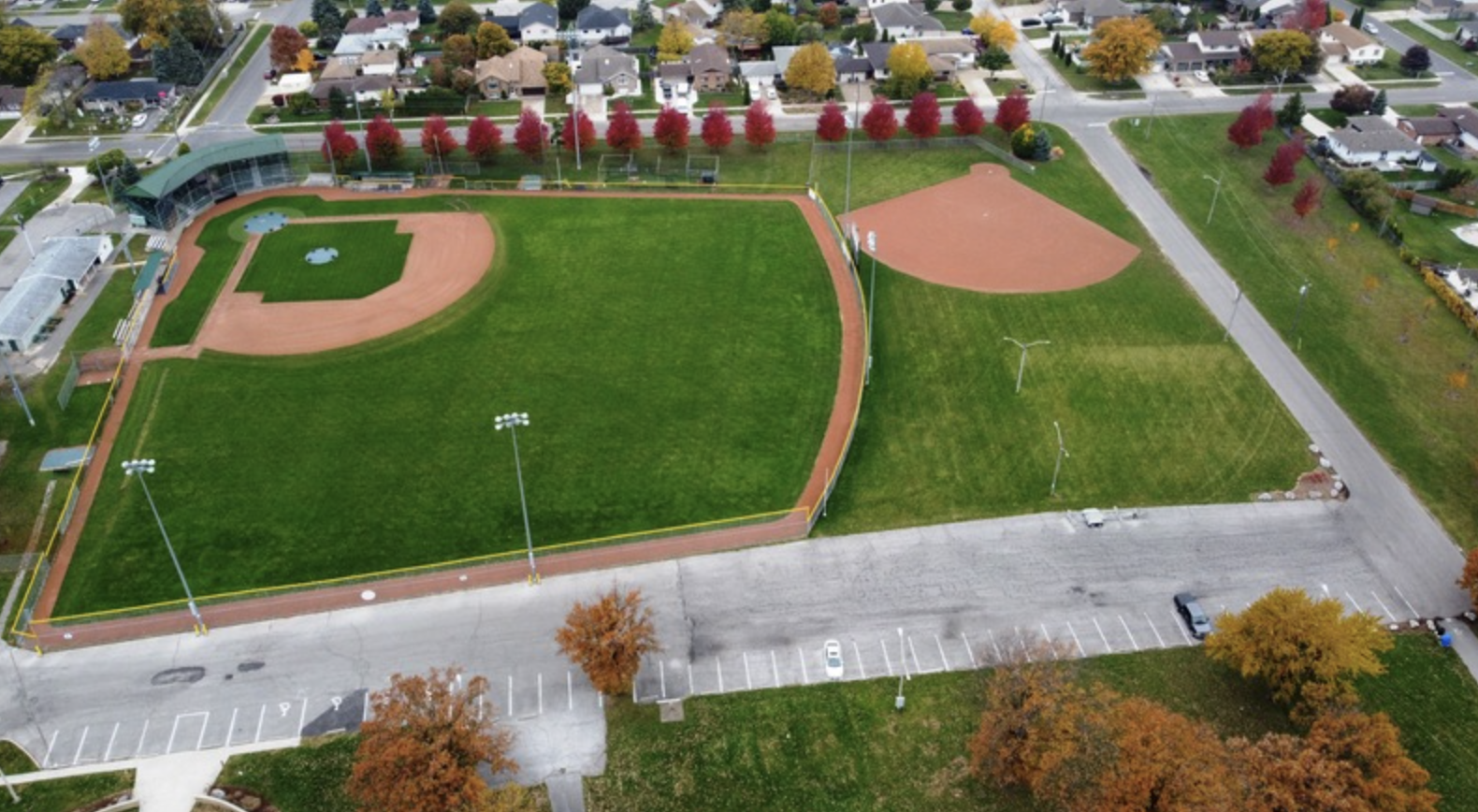 A modern photo of the New Tecumseh baseball diamond at Lacasse Park. 