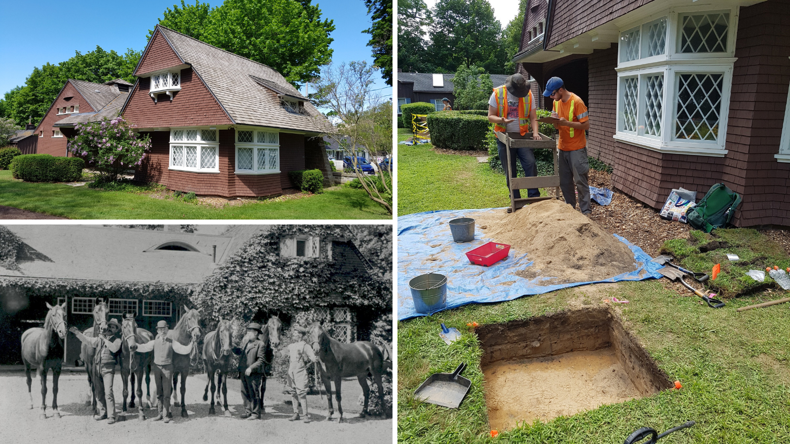 A photo collage showing a historic picture, a work-in-progress picture, and an exterior photo of the Oakville Museum Coach House.