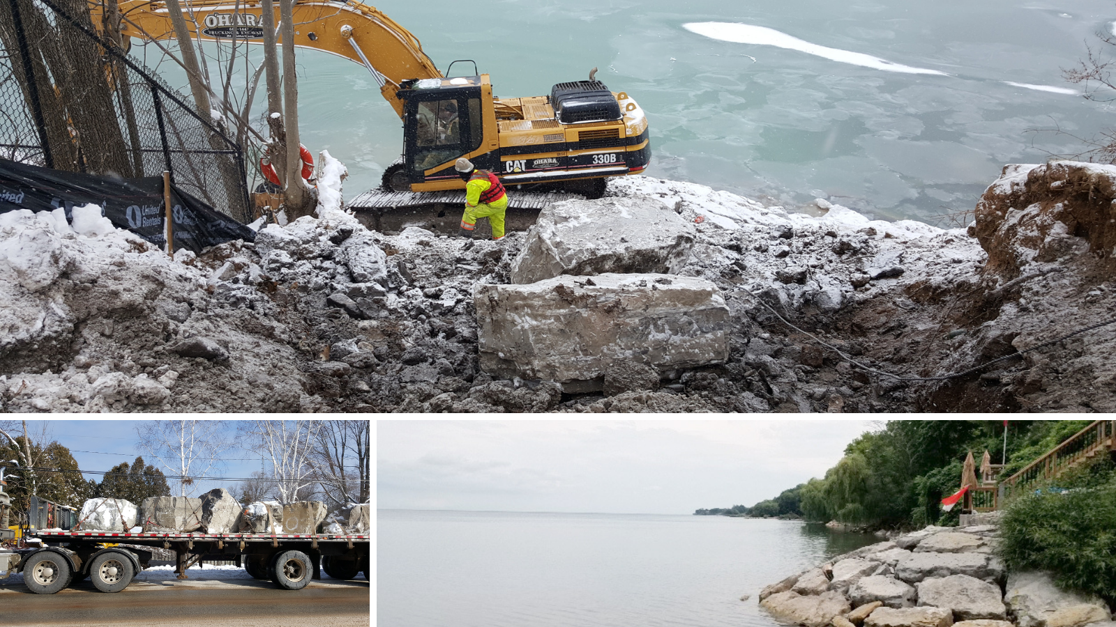 A photo collage showing work taking place at Grimsby shoreline.