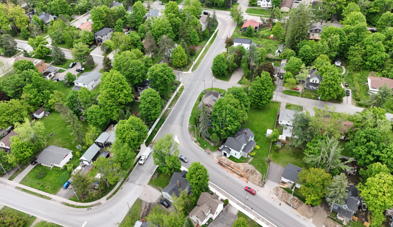 Overhead view of newly paved street