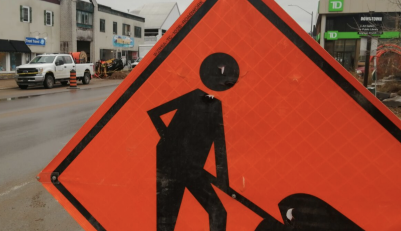 A construction sign in downtown Bancroft. 