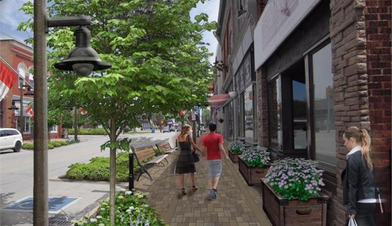 A rendering of two people walking down the street on a sunny day. 
