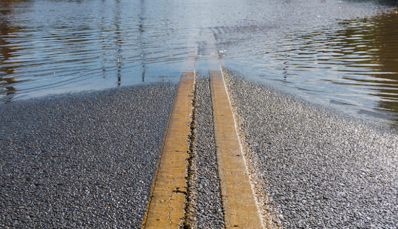 A flooded roadway.