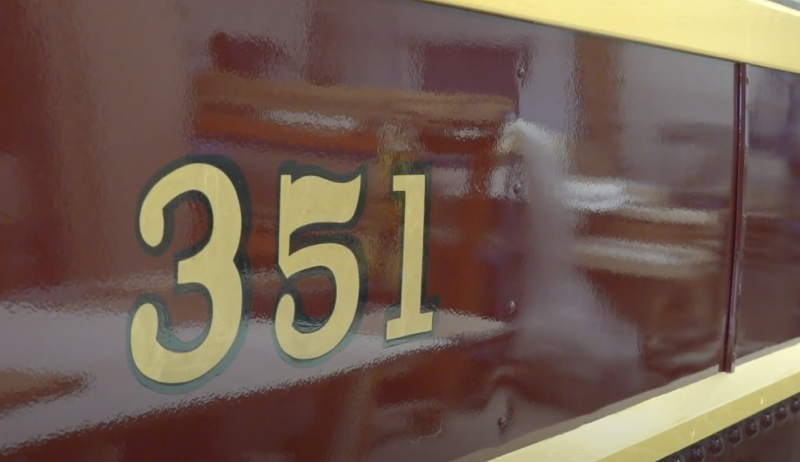 A close-up of streetcar No. 351. 