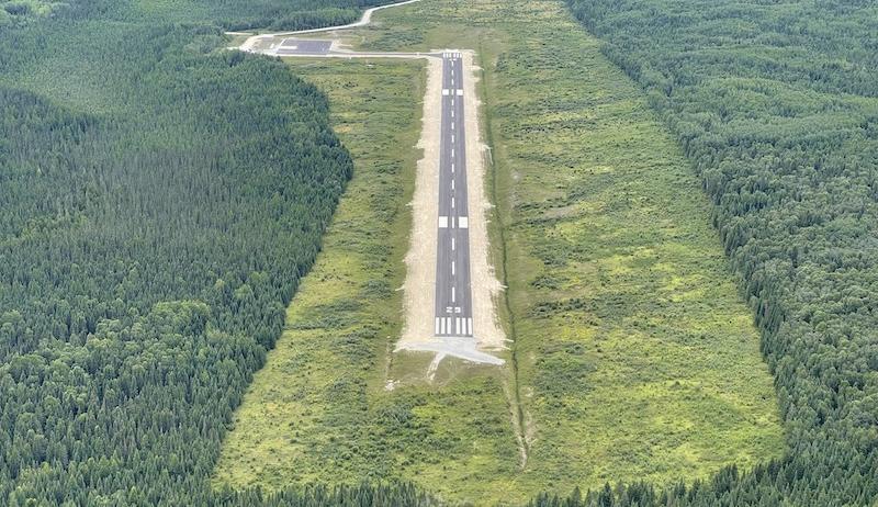 An aerial view of the airport runway in Hornepayne. 