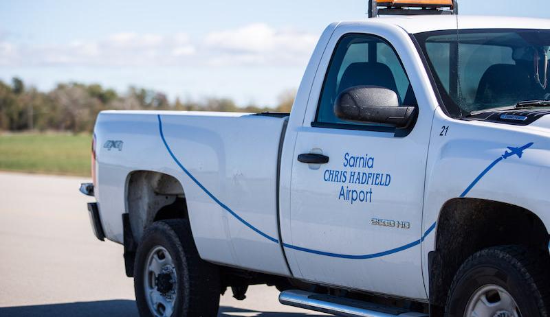 A photo of a pickup truck from the City of Sarnia's Chris Hatfield Airport. 