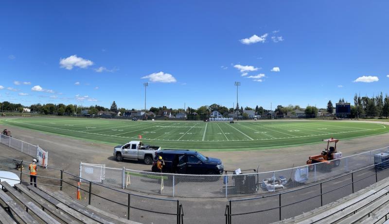 A panoramic view of the new football field at Fort William Stadium. 