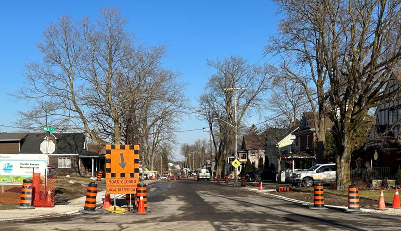 A "road closed" sign is shown on Pacific Avenue in Milverton, Perth East.