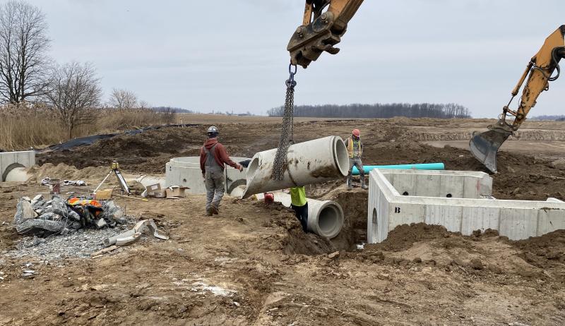 A new stormwater pond and outlet being installed in the Town of Aylmer's industrial Park.