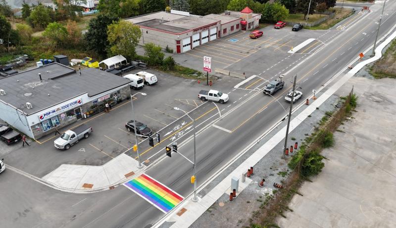 Aerial view of rainbow crosswalk