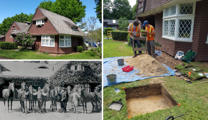 A photo collage showing an historic picture, a work-in-progress picture, and an exterior photo of the Oakville Museum Coach House.