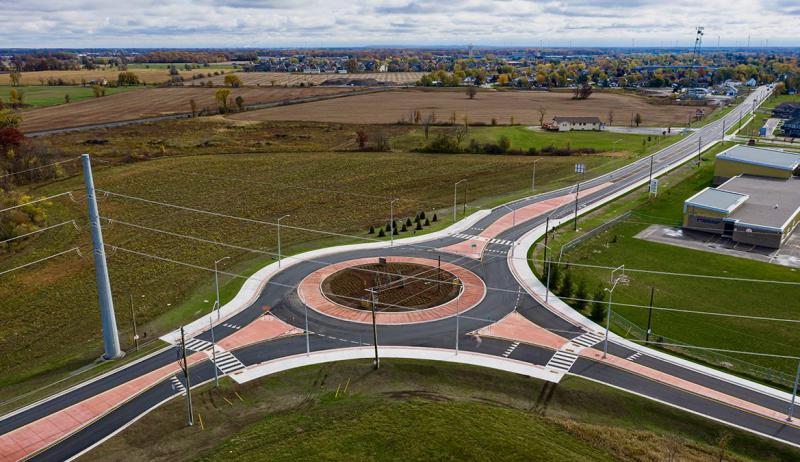 An aerial photo showing the new road roundabout in West Lincoln, Niagara Region.